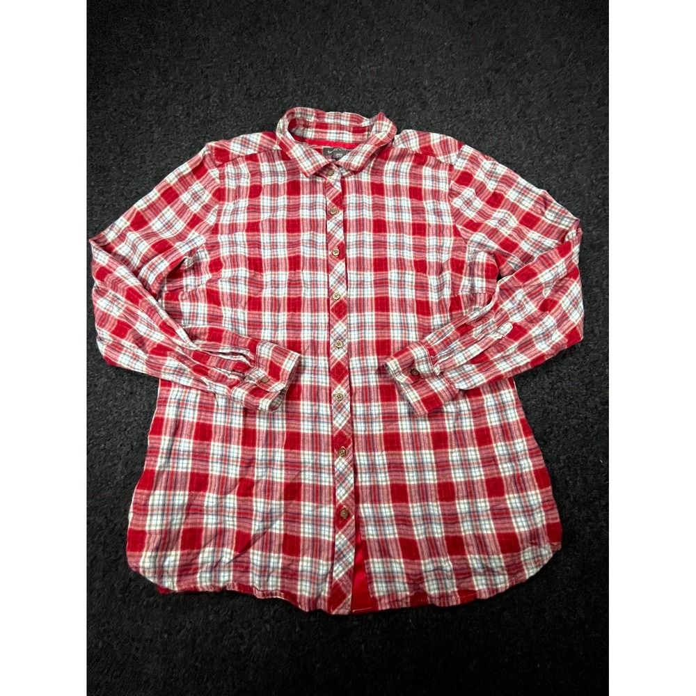 Eddie Bauer Flannel Shirt Women's XL Red Plaid Collared Button Up Long Sleeve